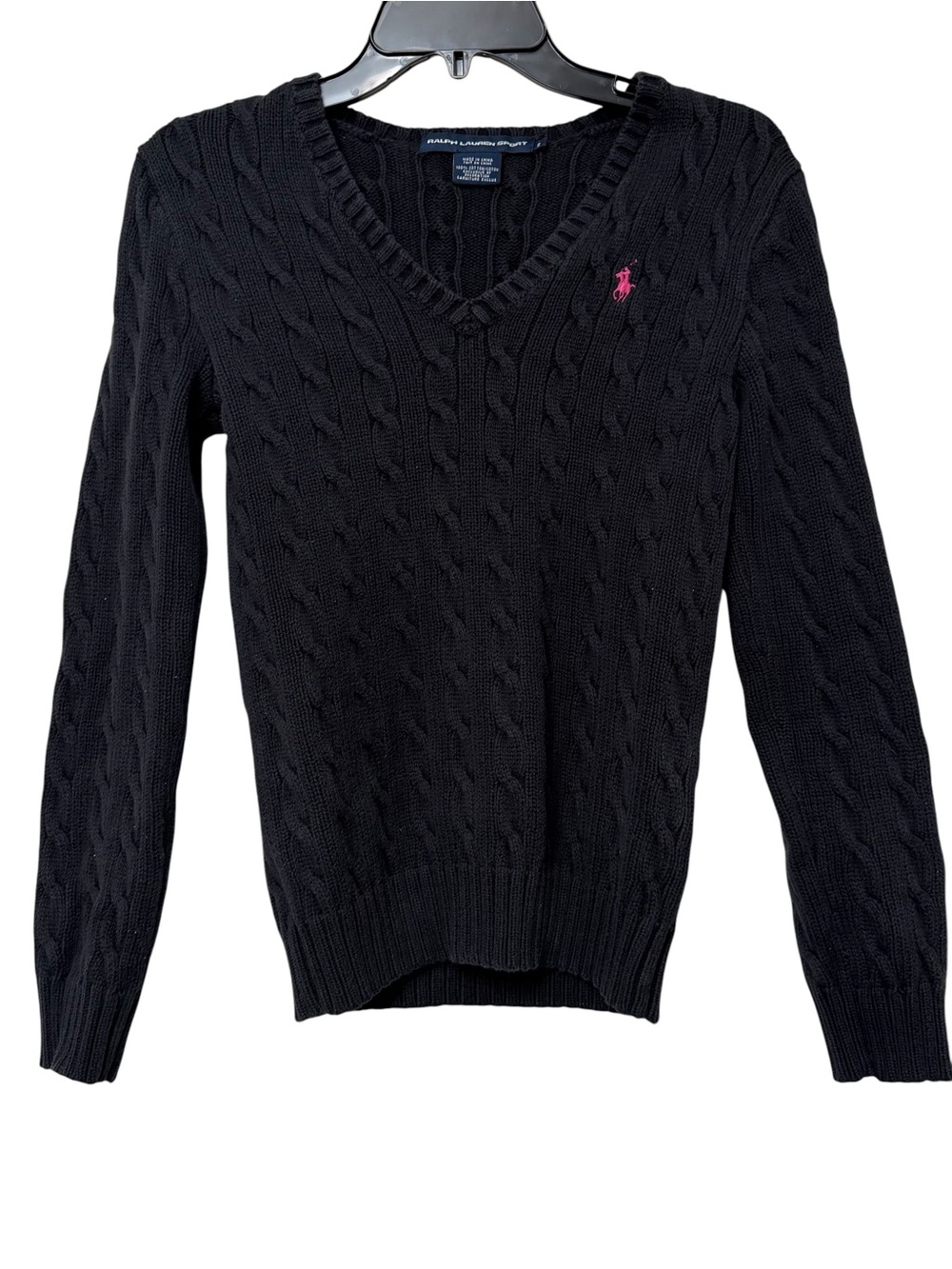 Ralph Lauren Sport Vintage Black Cable Knit V Neck Sweater - Picture 2 of 5